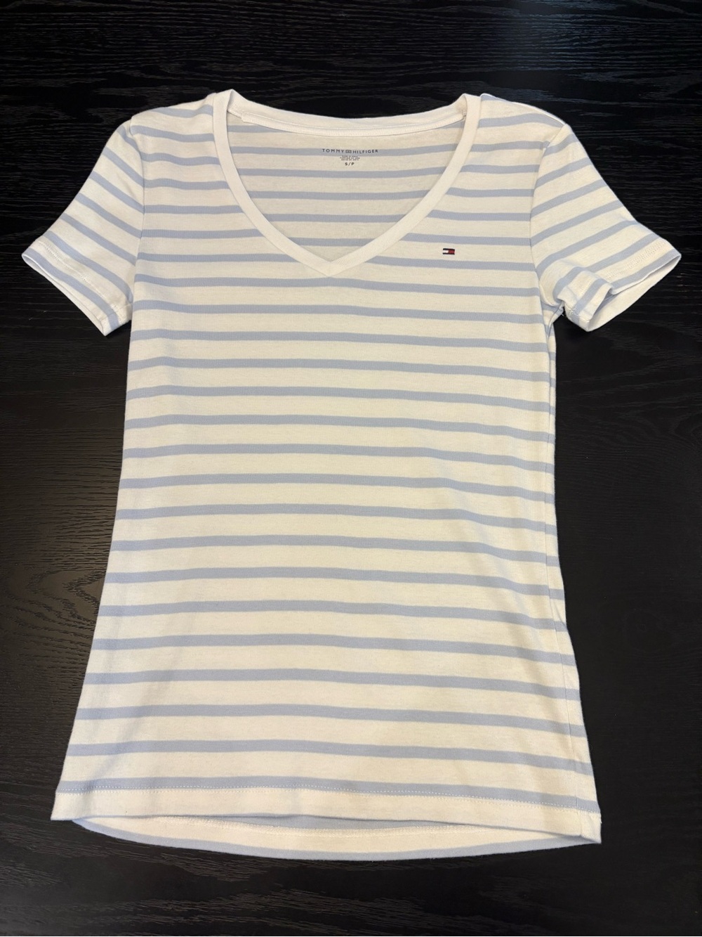 Tommy Hilfiger White & Light Blue Striped V-Neck Tee
